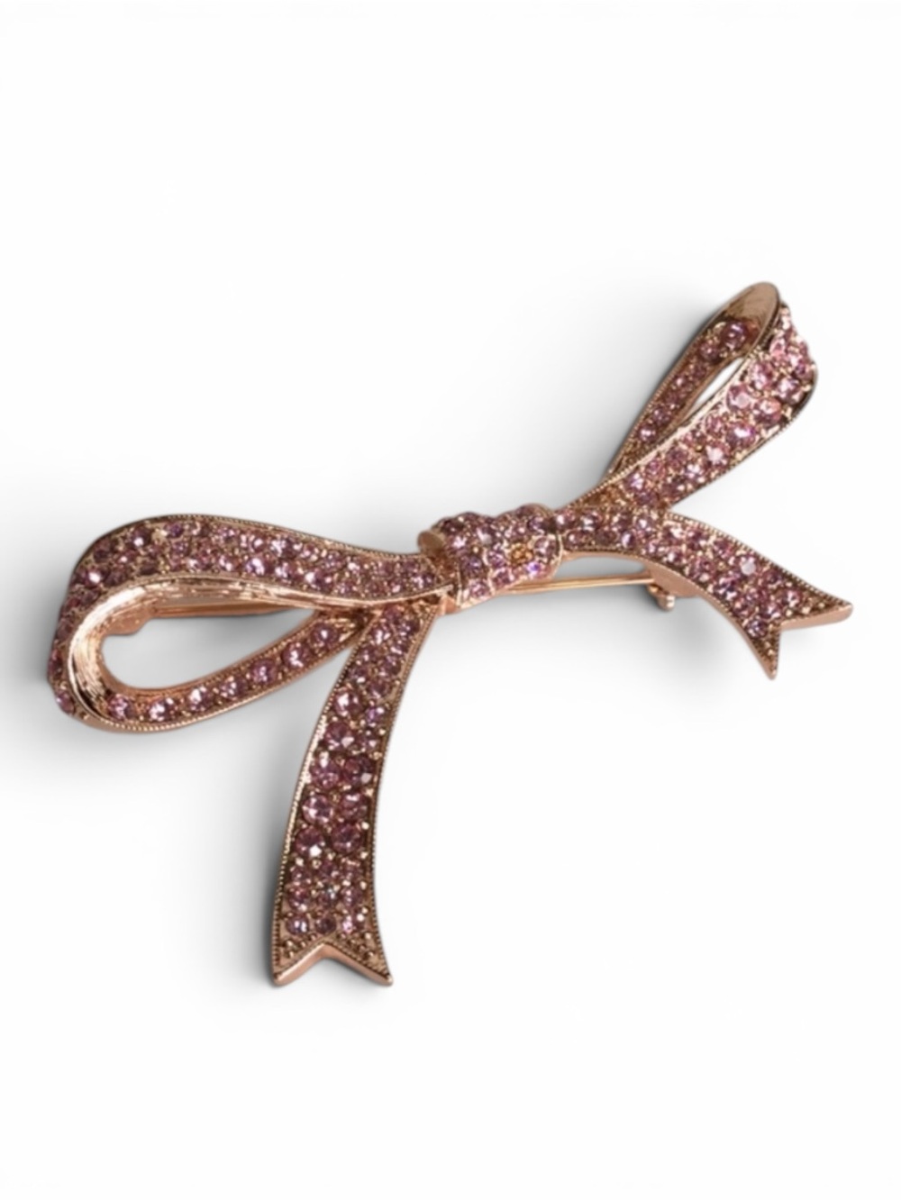 Vintage KJL Rosegold Tone Pink Pavé Bow Brooch - New Old Stock